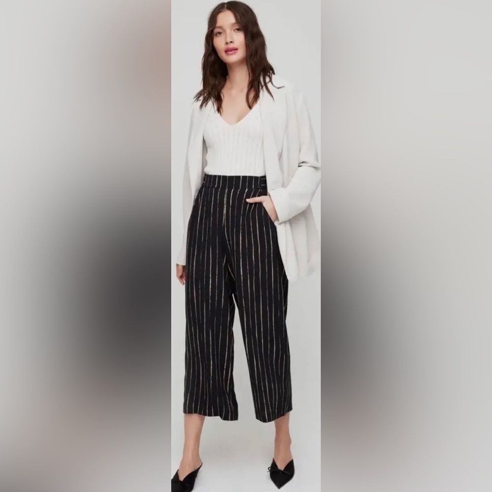 WILFRED Faun Pull On Pants Small Wide Leg Belted Crop Black White Stripe